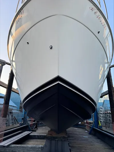Remembrance Yacht Photos Pics Front view of a 2006 Meridian 411 Sedan boat in dry dock.