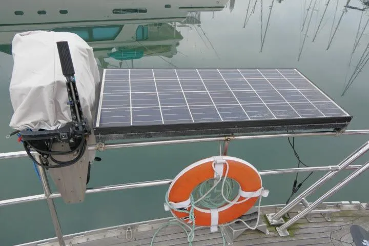 Majestic Yacht Photos Pics Solar panel and lifebuoy on 2006 Tayana 58 Deck Salon yacht.