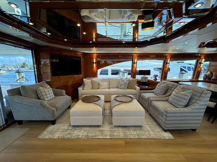 Cynderella Yacht Photos Pics Luxurious interior of 2010 Hargrave Custom Raised Pilothouse yacht with elegant seating and decor.