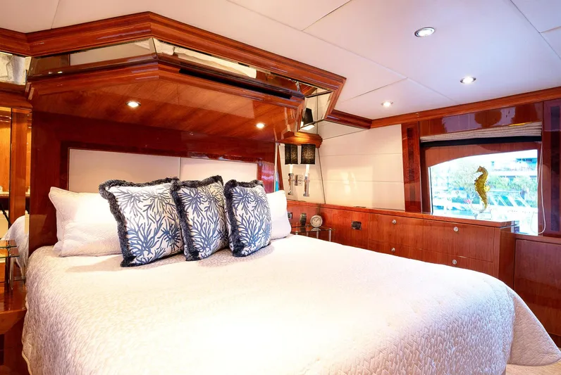 Cynderella Yacht Photos Pics Luxurious bedroom in 2010 Hargrave Custom Raised Pilothouse yacht with elegant wood finishes.
