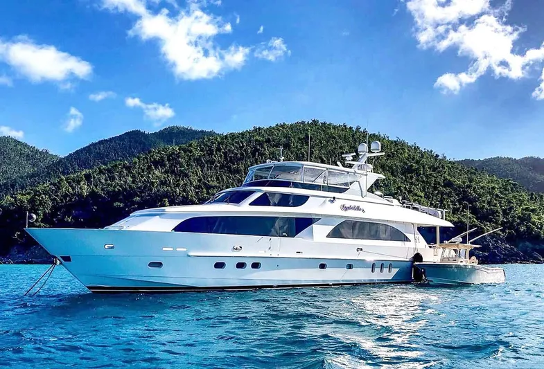 Cynderella Yacht Photos Pics Luxurious 2010 Hargrave Custom Raised Pilothouse yacht on serene blue waters.