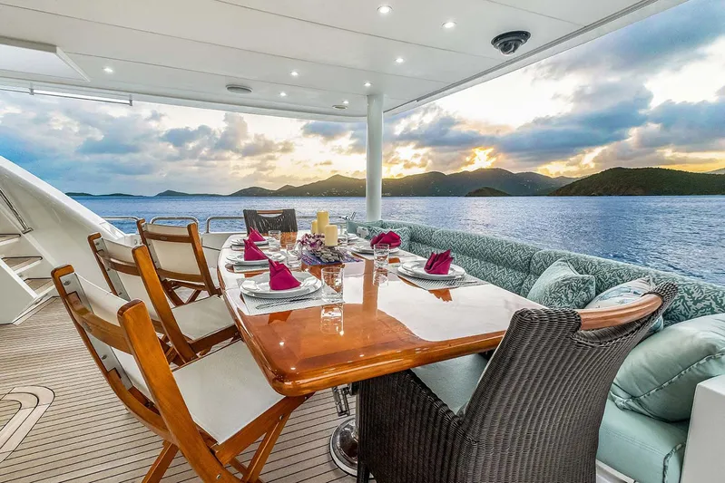 Cynderella Yacht Photos Pics Luxurious dining setup on 2010 Hargrave Custom Raised Pilothouse yacht with ocean view.