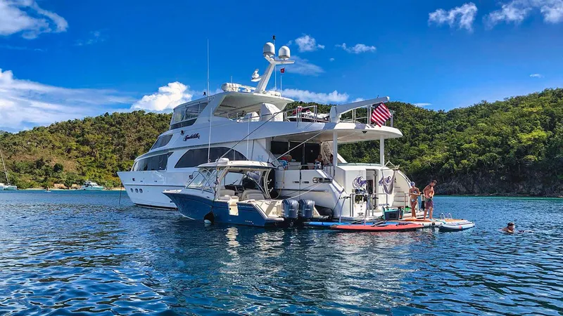 Cynderella Yacht Photos Pics 2010 Hargrave Custom Raised Pilothouse yacht anchored in scenic tropical waters.