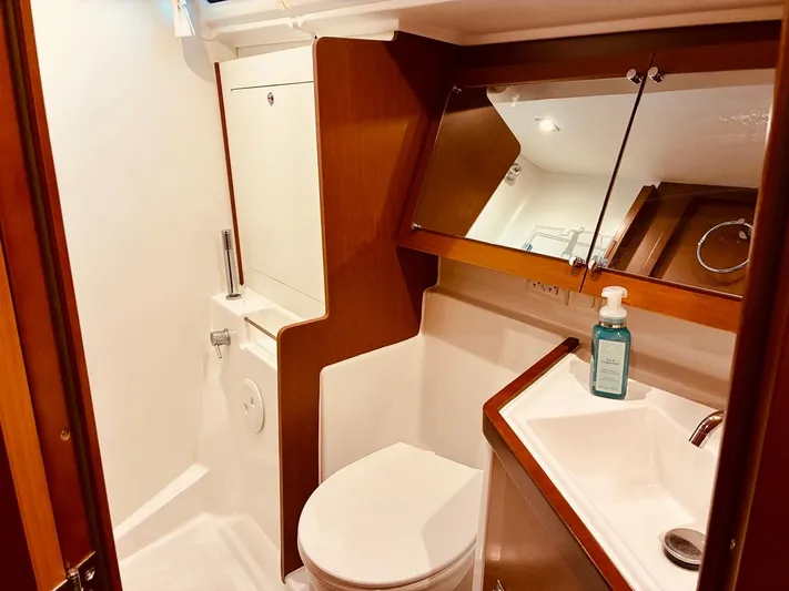  Yacht Photos Pics 2017 Beneteau Oceanis 45 yacht bathroom with modern fixtures and wooden accents.