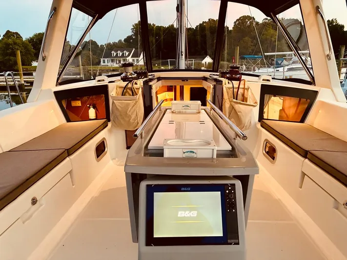  Yacht Photos Pics Interior view of 2017 Beneteau Oceanis 45 sailboat cockpit with seating and navigation equipment.