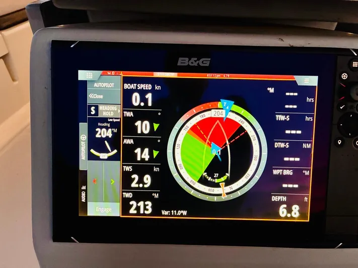  Yacht Photos Pics B&G navigation display on 2017 Beneteau Oceanis 45, showing boat speed and heading.