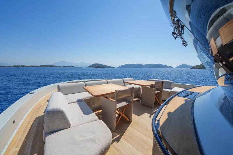 Mama Punch Yacht Photos Pics Luxury Bluegame BGX70 yacht deck with seating, tables, and ocean view, 2021 model.