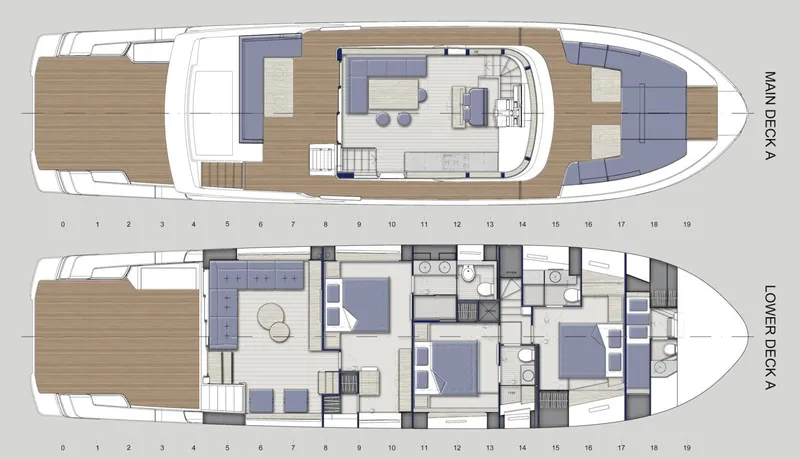Mama Punch Yacht Photos Pics Floor plan of 2021 Bluegame BGX70 yacht, showcasing main and lower decks.
