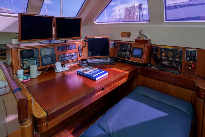 Billy Budd II Yacht Photos Pics Navigation station of 1994 Royal Huisman 112' Custom yacht with multiple screens and controls.