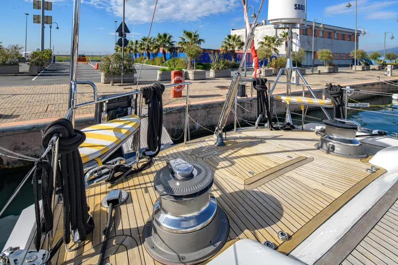 Billy Budd II Yacht Photos Pics Deck of 1994 Royal Huisman 112' Custom yacht docked at marina.