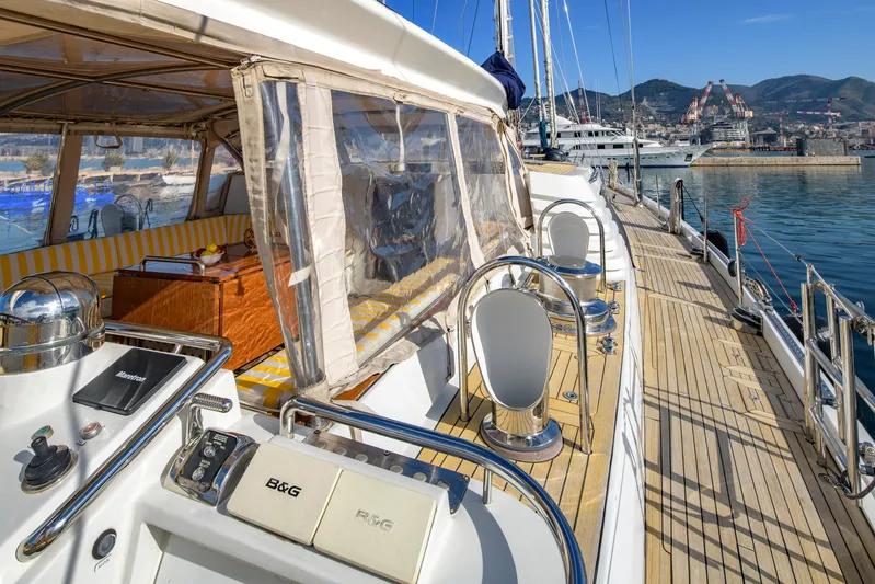 Billy Budd II Yacht Photos Pics Luxurious 1994 Royal Huisman 112' Custom yacht with teak deck and scenic marina view.