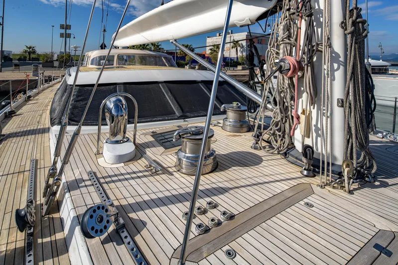 Billy Budd II Yacht Photos Pics Deck of 1994 Royal Huisman 112' Custom yacht with rigging and winches.