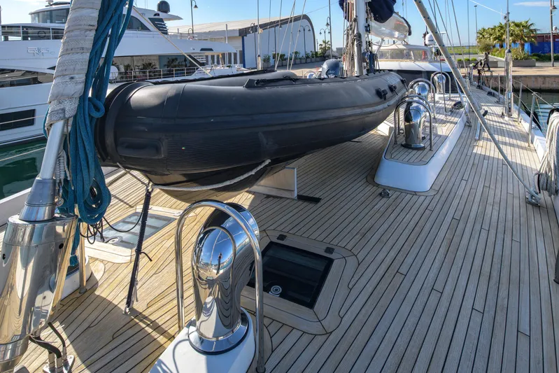 Billy Budd II Yacht Photos Pics Deck of 1994 Royal Huisman 112' Custom yacht with inflatable boat and polished fittings.