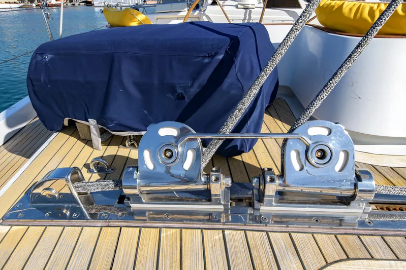 Billy Budd II Yacht Photos Pics Deck of 1994 Royal Huisman 112' Custom yacht with winches and ropes.