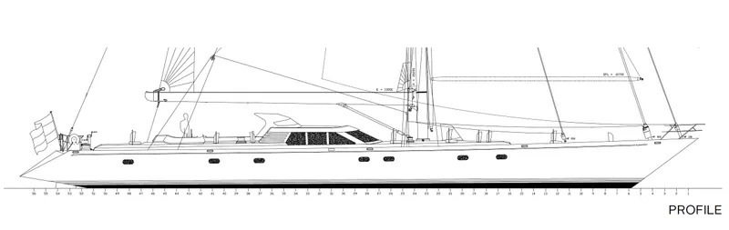 Billy Budd II Yacht Photos Pics Profile sketch of 1994 Royal Huisman 112' Custom yacht, showcasing sleek design and structure.