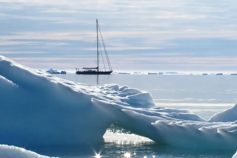 Billy Budd II Yacht Photos Pics Sailing yacht Royal Huisman 112' Custom, 1994, amidst icy waters and icebergs.