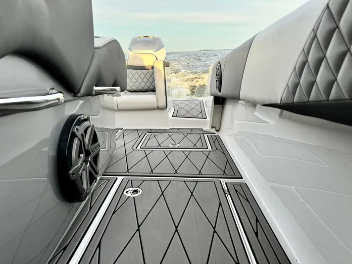  Yacht Photos Pics Luxurious interior of 2019 Statement 350 Open boat with sleek seating and modern design.