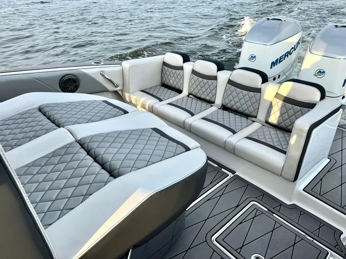  Yacht Photos Pics Luxury seating on 2019 Statement 350 Open boat with dual Mercury engines.