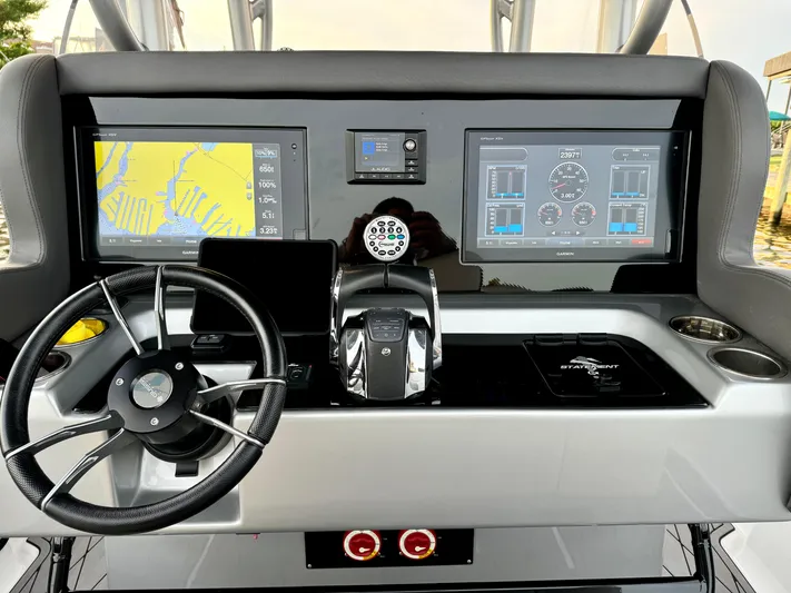 Yacht Photos Pics Helm of 2019 Statement 350 Open boat with advanced navigation and control systems.