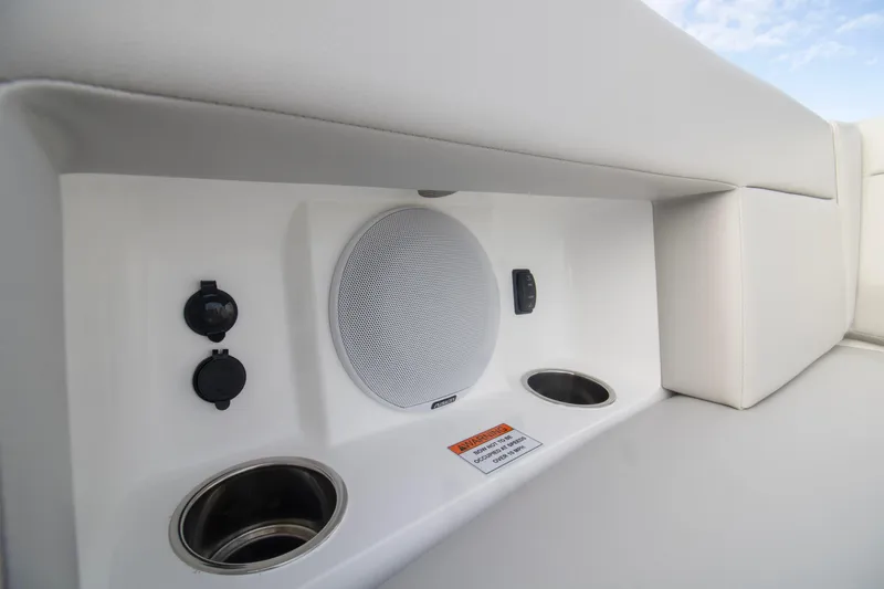  Yacht Photos Pics 2025 MJM 38 X boat interior with speaker and cup holders.