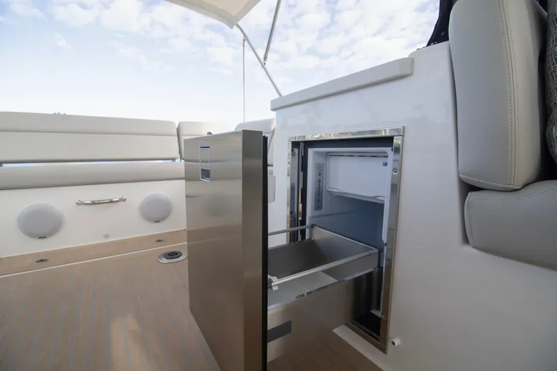  Yacht Photos Pics 2025 MJM 38 X yacht with open stainless steel drawer fridge on deck.