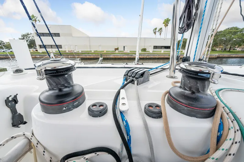 Aquaholic Yacht Photos Pics Close-up of winches and ropes on a 2018 Lagoon 42 catamaran sailboat.