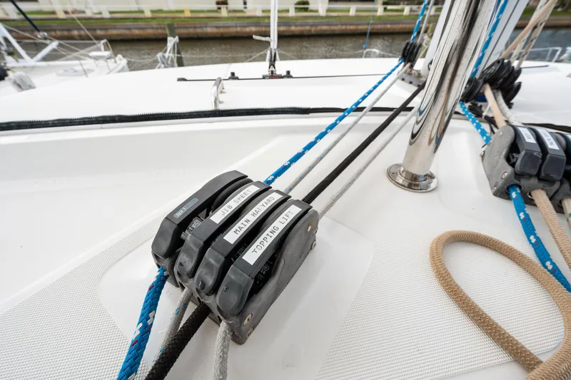 Aquaholic Yacht Photos Pics Close-up of rigging lines on a 2018 Lagoon 42 catamaran.