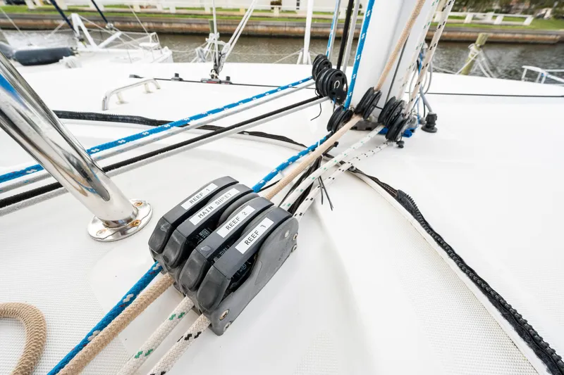Aquaholic Yacht Photos Pics Close-up of rigging and control lines on a 2018 Lagoon 42 catamaran.