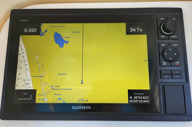 El Falcon Yacht Photos Pics Garmin GPS display on 2008 Contender 35 Express Side Console, showing navigation map.