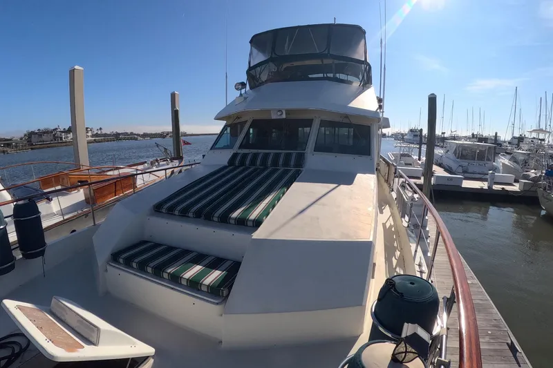 Saint Paul Yacht Photos Pics 1987 Hatteras 54 Motor Yacht docked at marina under clear blue sky.