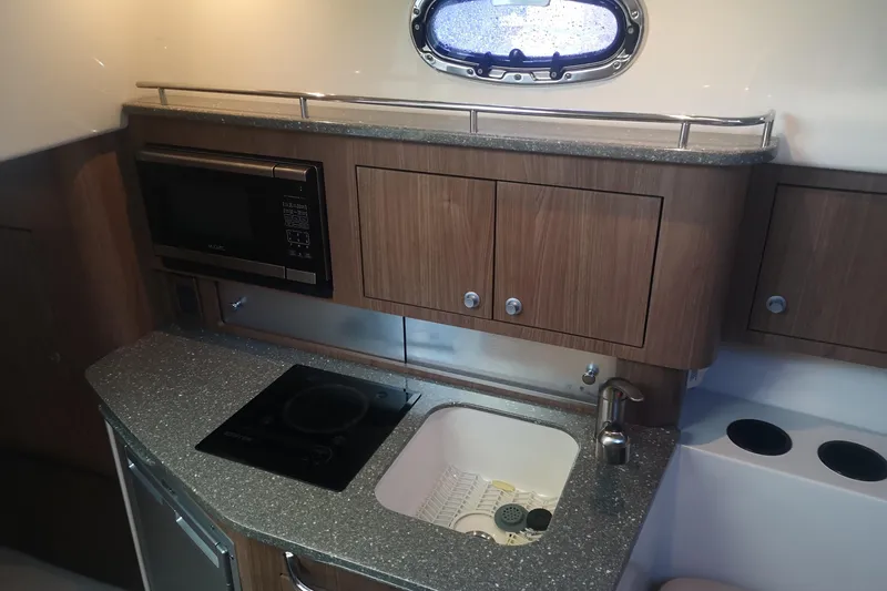  Yacht Photos Pics 2016 Boston Whaler 315 Conquest Pilothouse kitchen with microwave, sink, and stovetop.
