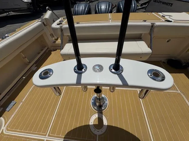  Yacht Photos Pics 2022 Grady-White Express 370 boat deck with rod holders and seating area.