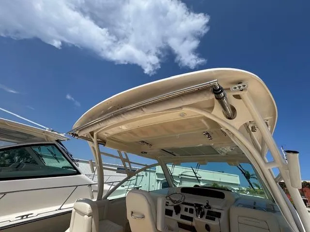  Yacht Photos Pics 2022 Grady-White Express 370 boat interior under clear blue sky.