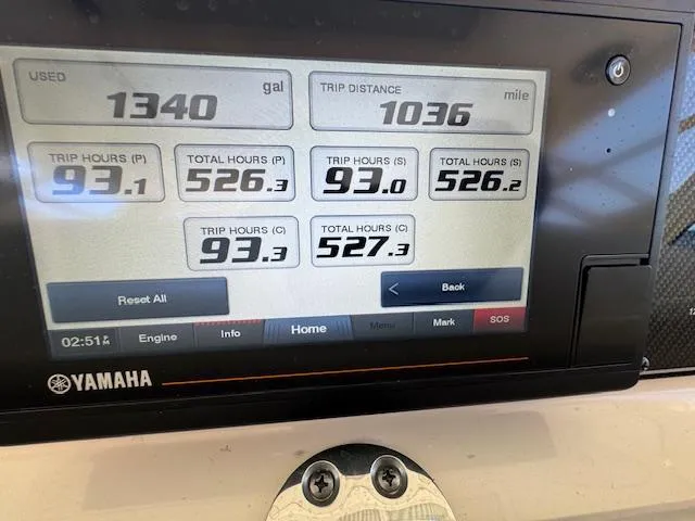  Yacht Photos Pics Yamaha display showing fuel usage and trip data for Grady-White Express 370, 2022 model.