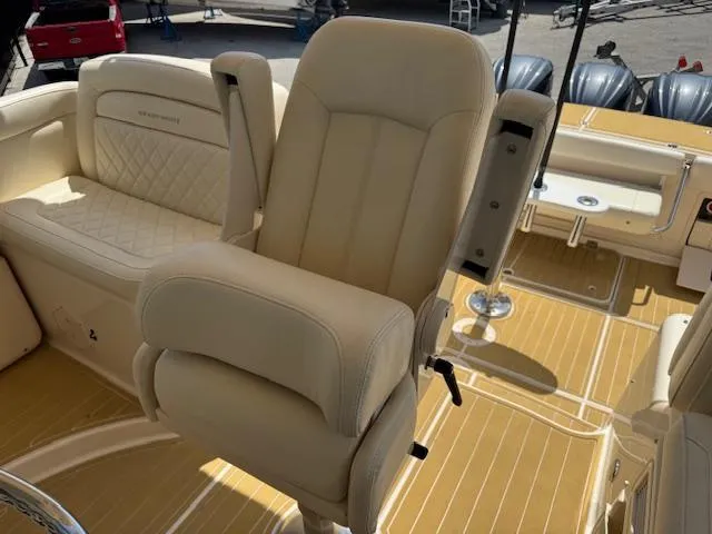  Yacht Photos Pics Luxury seating on 2022 Grady-White Express 370 boat with beige upholstery.