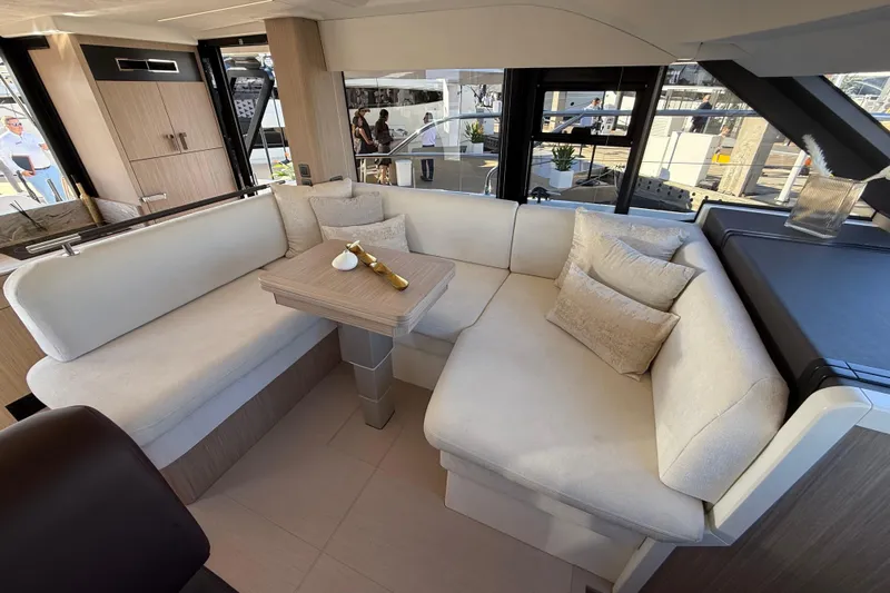  Yacht Photos Pics Luxurious interior of 2026 Prestige F4.3 yacht with elegant seating and modern decor.