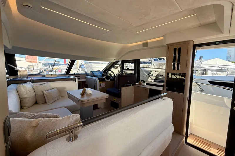  Yacht Photos Pics Luxurious interior of 2026 Prestige F4.3 yacht with elegant seating and modern design.