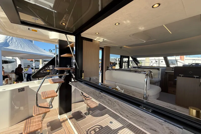  Yacht Photos Pics Luxurious interior of 2026 Prestige F4.3 yacht with modern design and elegant furnishings.