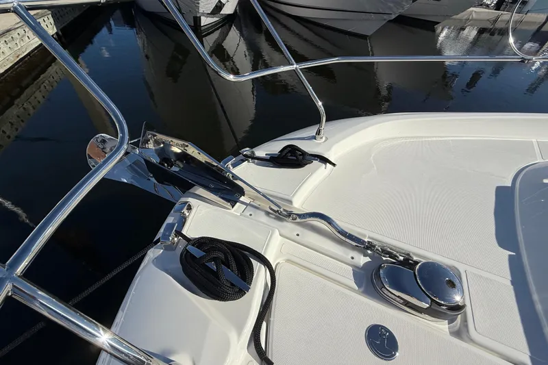  Yacht Photos Pics 2026 Prestige F4.3 yacht deck with chrome fittings and mooring ropes.