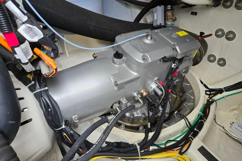 Grayson Yacht Photos Pics Engine compartment of 2017 Sabre 48 Fly Bridge with visible wiring and components.
