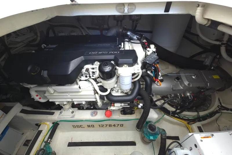 Grayson Yacht Photos Pics Engine compartment of 2017 Sabre 48 Fly Bridge yacht, featuring D8-IPS700 engine.
