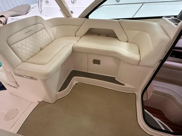  Yacht Photos Pics 2019 Grady-White Freedom 375 boat interior with luxurious white seating.