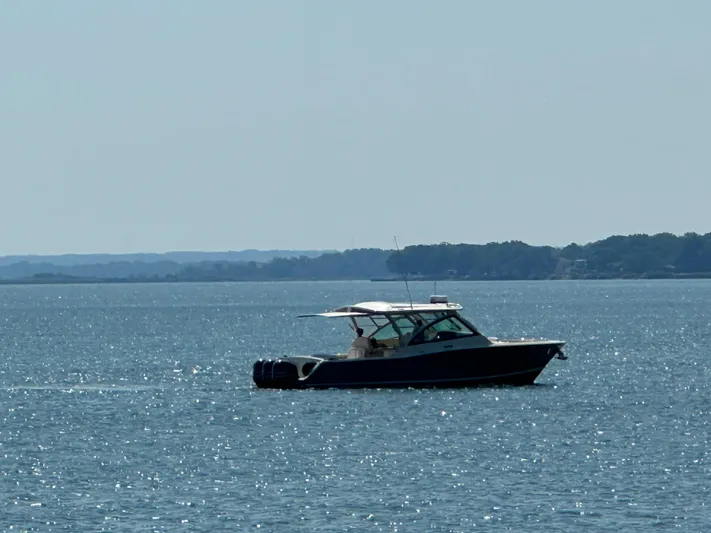  Yacht Photos Pics 2019 Grady-White Freedom 375 boat cruising on a sunny, sparkling sea.