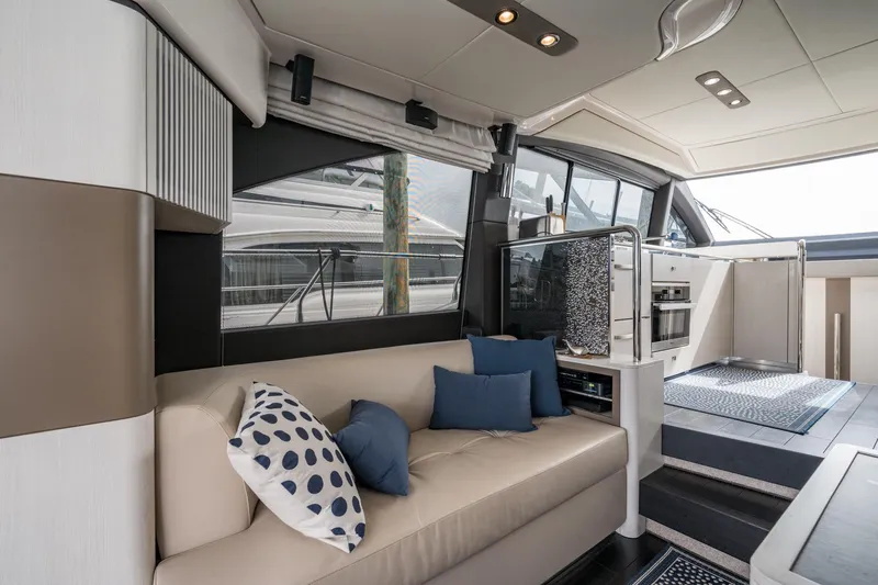  Yacht Photos Pics Luxurious interior of 2020 Azimut Fly 50 yacht with modern seating and elegant decor.
