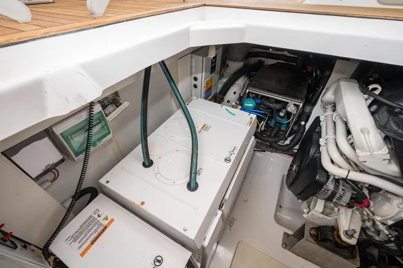  Yacht Photos Pics Engine compartment of 2020 Azimut Fly 50 yacht, showcasing mechanical components and systems.