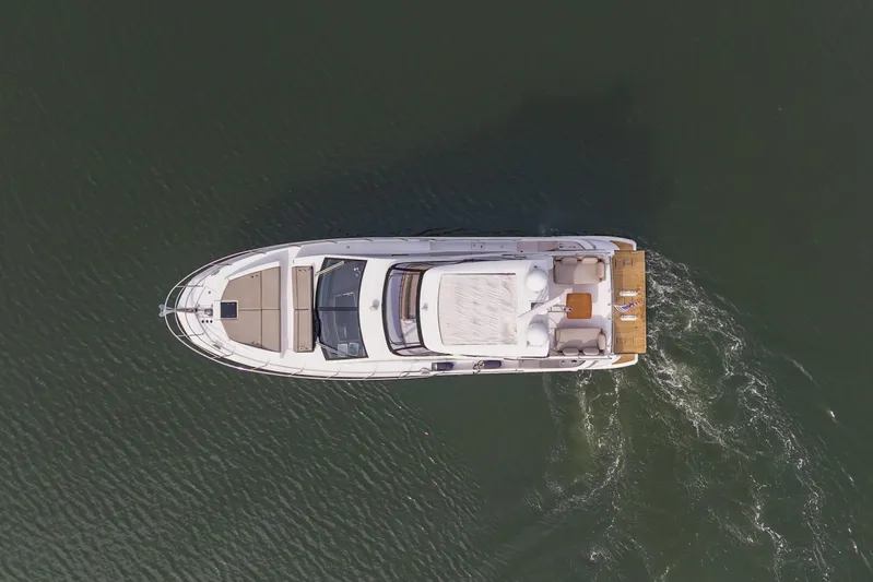  Yacht Photos Pics Overhead view of 2020 Azimut Fly 50 yacht cruising on water.