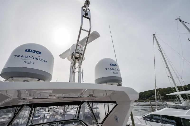  Yacht Photos Pics Azimut Fly 50 yacht with TracVision satellite domes, 2020 model, docked at marina.