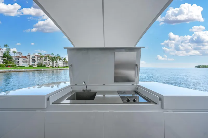 M/y Valor Yacht Photos Pics Outdoor kitchen on 2021 Alen 55 yacht with ocean view and modern design.