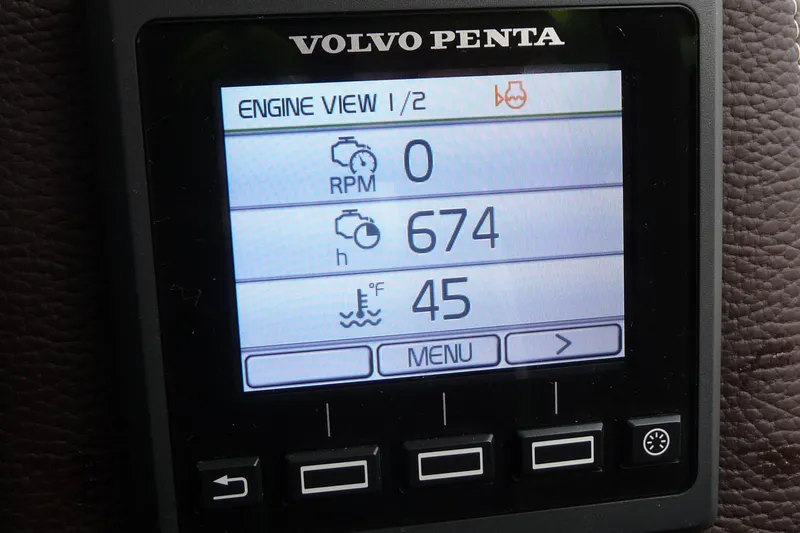  Yacht Photos Pics Volvo Penta engine display on 2017 Cutwater C28, showing RPM, hours, and temperature.