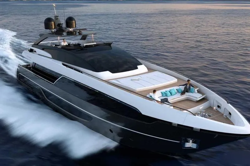 Ruzarija Yacht Photos Pics Luxurious 2020 Riva 100' Corsaro yacht cruising on open water at sunset.